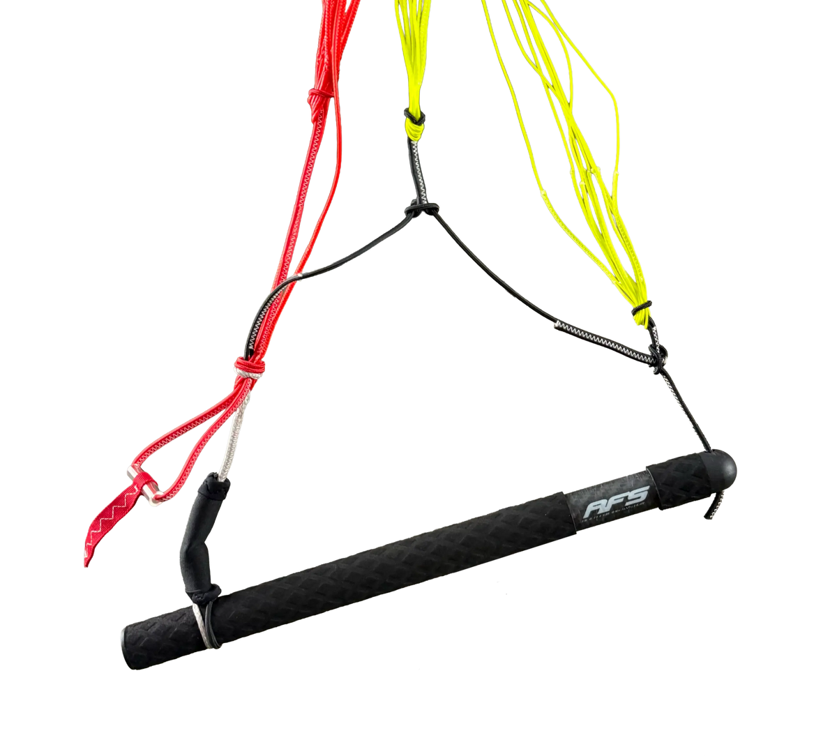 A black foam carbon handle with a textured grip , colored bridle lines and a depower loop to parawing comfortably